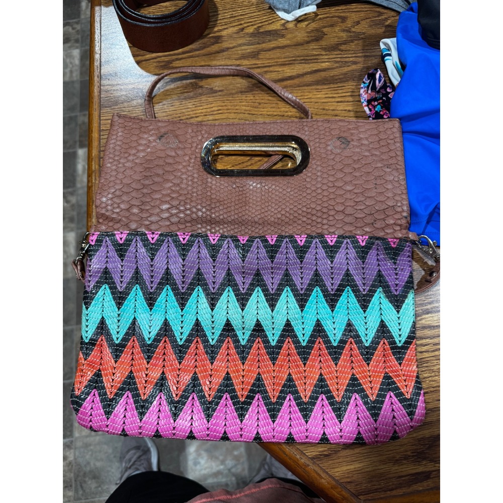 Aldo Woven Chevron Foldover Clutch Brown Snakeskin Multi Color Crossbody Bag